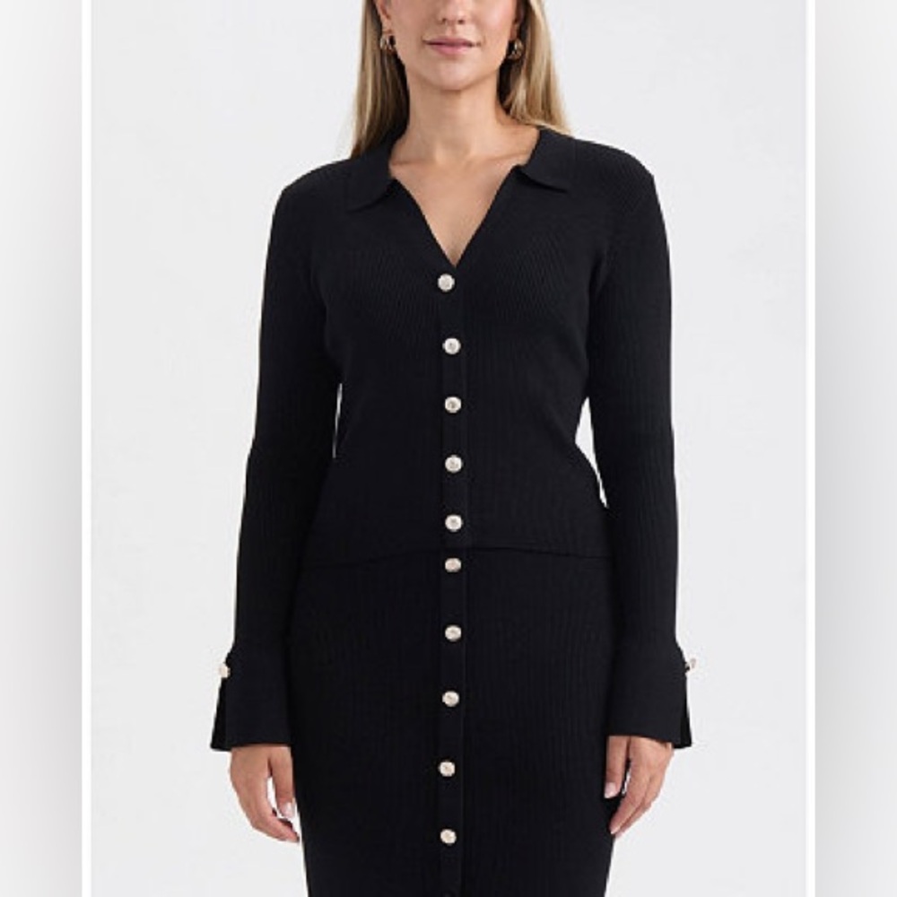 Ellen Tracy Women's Rib Knit Polo with Button Detail in Black, XS 